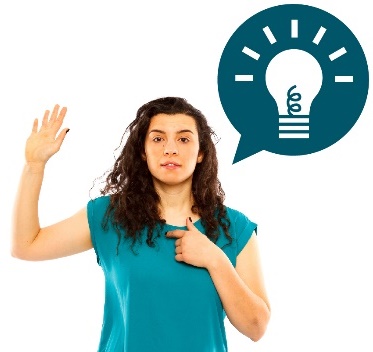 A person pointing to themself and raising their other hand. There is a speech bubble next to them with a lightbulb icon inside. 