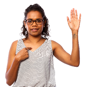 A person pointing to themself and raising their other hand. 