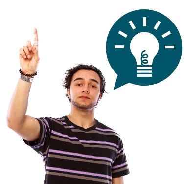 A person raising their hand next to a speech bubble with a lightbulb inside. 