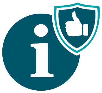 An information icon next to a safety shield with a thumbs up inside. 