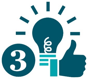 A lightbulb next to a thumbs up and the number 3. 