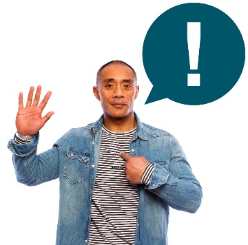 A person pointing to themself and raising there other hand. There is a speech bubble with an importance icon next to them. 