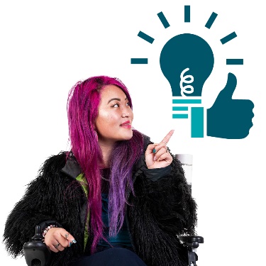 A person pointing to a lightbulb icon with a thumbs up. 