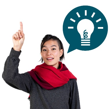 A person raising their hand next to a speech bubble with a lightbulb inside. 