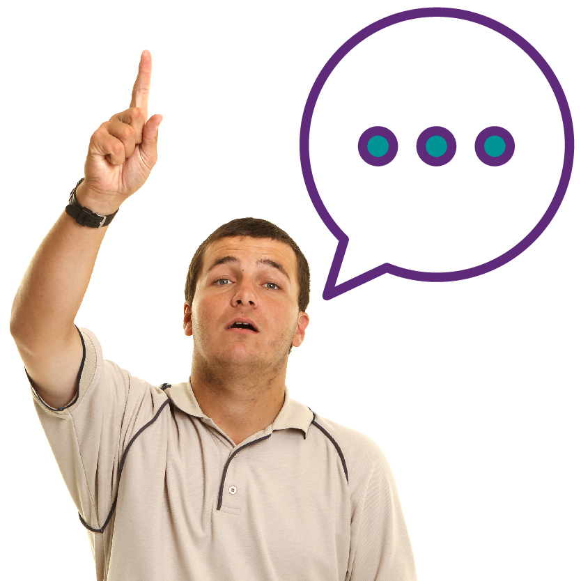 A person with a speech bubble and their hand raised.