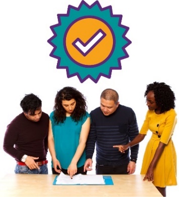 A group of 4 people looking at a document and the good quality icon.