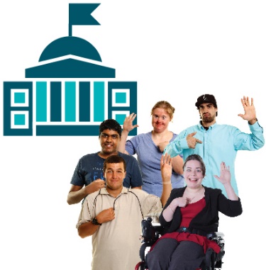 An Australian Government building next to a group of people with disability raising their hands.