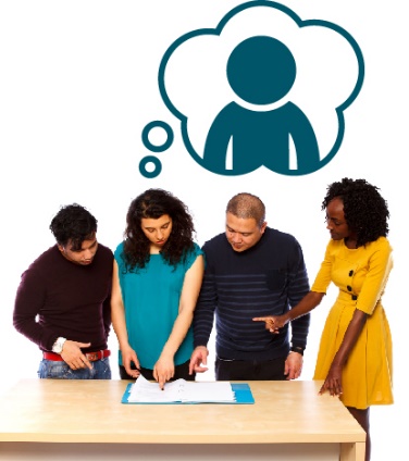 An arrow pointing up and a thumbs up above a group of people working together on a document.