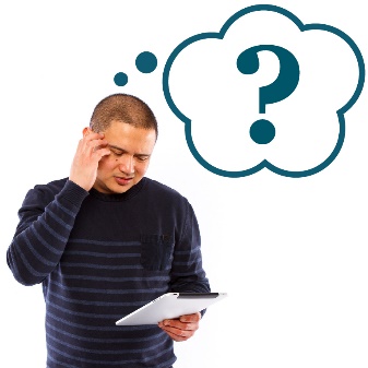 A person thinking while they read a document. Above them is a question mark inside of a thought bubble.