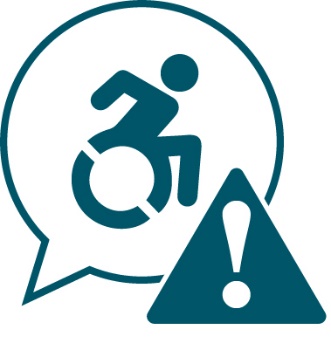 A disability icon inside of a speech bubble and a problem icon.