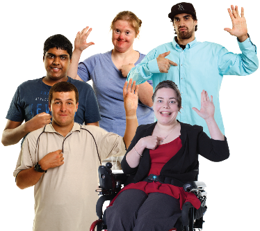 A group of people with disability pointing at themselves and raising their hands.