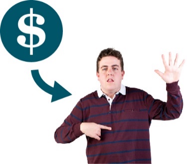 A dollar sign with an arrow pointing to a person raising their hand.