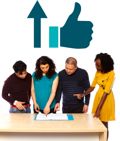 An arrow pointing up and a thumbs up above a group of people working together on a document.