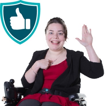 A safety icon and a person with disability pointing at themselves and raising their hand.