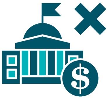 A government building, a cross and a dollar sign.