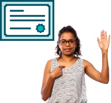 A certificate and a provider pointing at themselves and raising their hand.