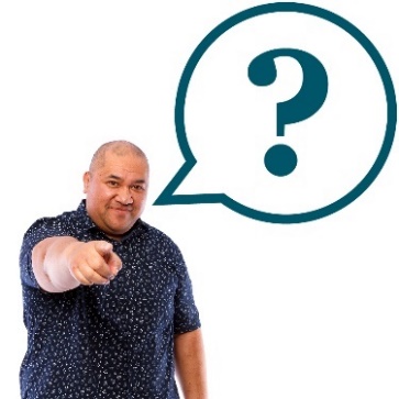 A person pointing at you beneath a question mark in a speech bubble.