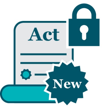 A law document that says 'Act', a locked padlock and a badge that says 'New'.