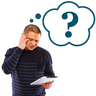 A person scratching their head and reading a document. Above them is a question mark in a thought bubble.