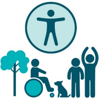 An accessibility icon above a group of people using a park.