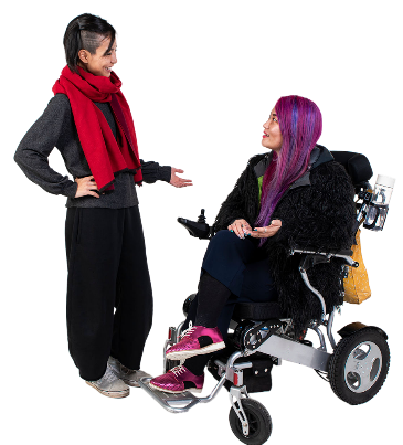 2 people having a conversation. One person is in a wheelchair.
