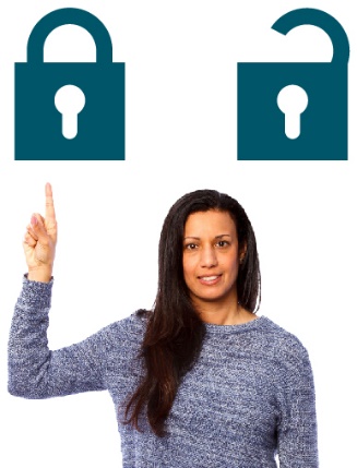 A locked padlock and an unlocked padlock above a person. The person is pointing to the locked padlock.