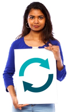A person holding a card showing a change icon.