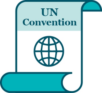 A law document that says 'UN Convention'. The document also shows a world icon.