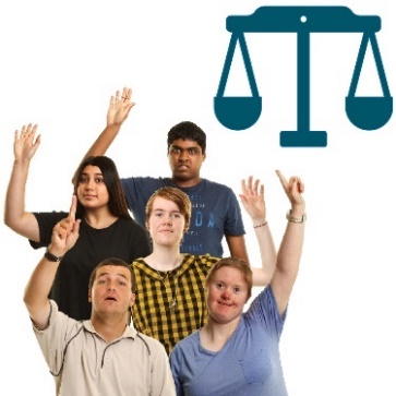 A group of people raising their hands and a set of justice scales.