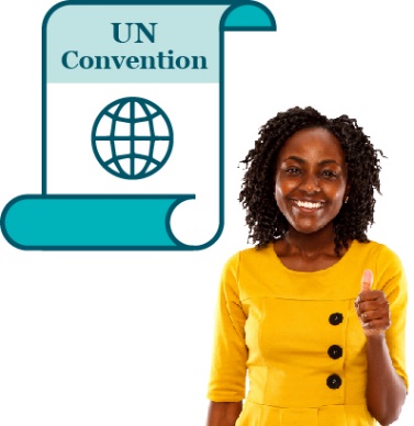 A person giving a thumbs up next to a law document that says 'UN Convention'.