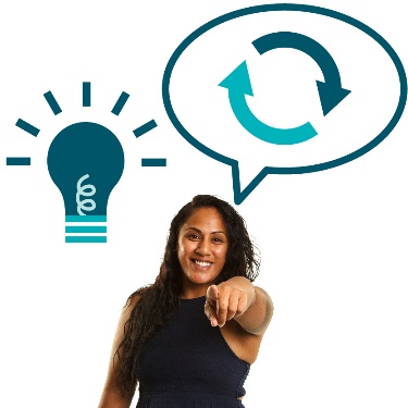 A lightbulb and a person pointing at you. Above the person is a change icon inside a speech bubble.