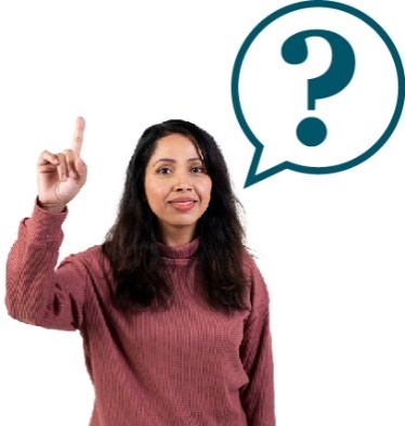 A person raising their hand beneath a question mark inside a speech bubble.