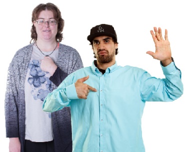 2 people with disability pointing at themselves.