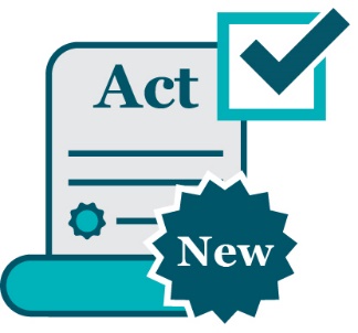 A law document that says 'Act', a badge that says 'New' and box with a tick inside of it.