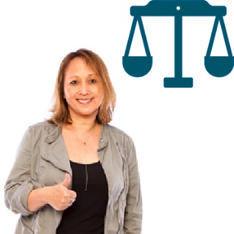 A provider giving a thumbs up and a set of justice scales.