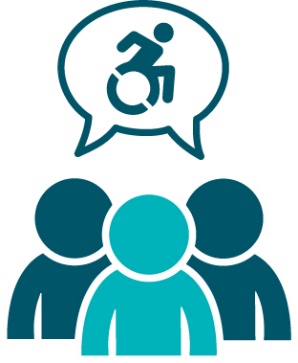 3 people beneath a disability icon inside a speech bubble.