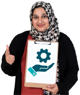 A giving a thumbs up and holding a document showing a services icon.