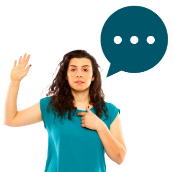 A person pointing to themselves and raising their other hand. There is a speech bubble next to them. 