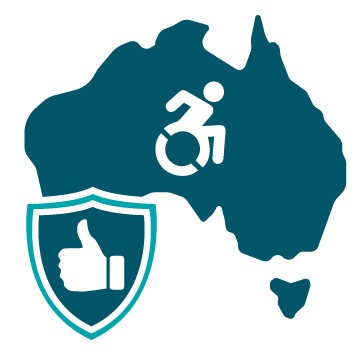 A map of Australia with a disability icon and a safety icon with a thumbs up inside it. 