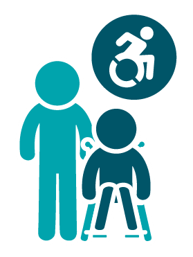 A person supporting someone in a wheelchair under a disability icon. 
