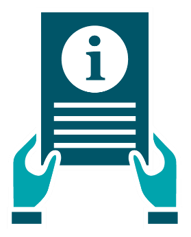 A pair of hands holding a document with an information icon on it. 