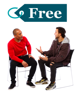 2 people in a counselling session under a price tag that reads 'Free'. 