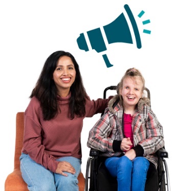 A parent and their child with disability sitting under a megaphone icon. 