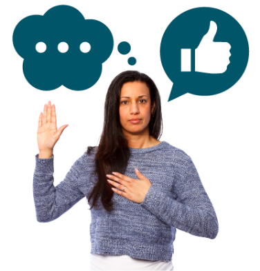 A person pointing to themselves and raising their other hand under a thought bubble and a speech bubble with a thumbs up in it. 