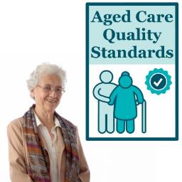 An older person standing next to an icon of the Aged Care Quality Standards
