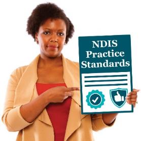 A person pointing to an icon of the N D I S practice standards. 