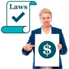 A laws icon above a person pointing to a money icon. 