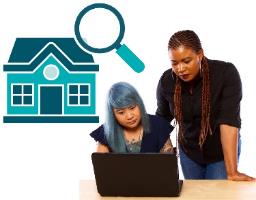 Two people looking at a laptop together. Above is an icon of a house with a find symbol. 