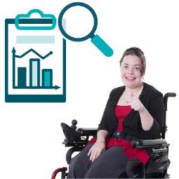 A person in a wheelchair pointing at themselves. Above is a data icon and a research icon. 