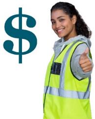 A woman in a high visibility vest giving a thumbs up and the dollar sign. 